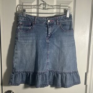 Vintage Y2K Denim Skirt Bubblegum Pink Embroidery Stitch Knee SIze 14‎